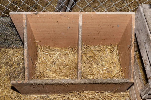 鸡舍里放着一只空钢笔 里面放着干草 用来孵蛋 — 图库照片