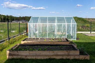 Evin arkasındaki çimlerin üzerinde duran folyodan yapılmış arka bahçe serası.