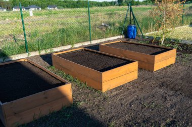 Sebzeler için ahşap sandıklar. İçi agrotextile dolu ve toprakla dolu..