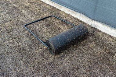Rolling freshly sown grass seeds with a metal roller filled with water.