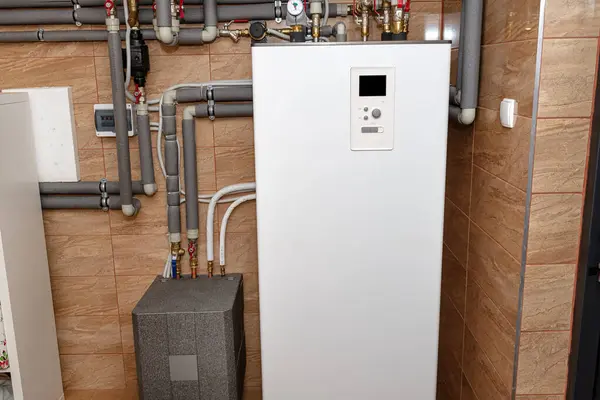 Modern Air Heat Pump Installed Home Boiler Room Visible Plastic — Stock Photo, Image