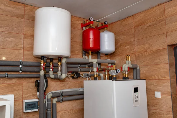 Modern Air Heat Pump Installed Home Boiler Room Visible Plastic — Stock Photo, Image