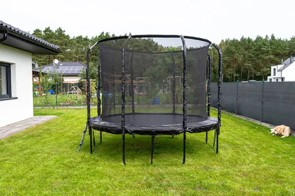 Large childrens jumping trampoline with protective net and closed zipper, standing in the garden, visible golden retriever dog.