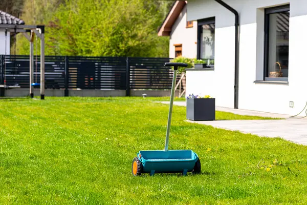 stock image Fertilizing a young lawn with grass fertilizer in granules using a manual grass seeder.