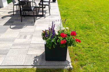 Terasta büyük bir tencerede duran çeşitli çiçekler, arka planda çimenler..