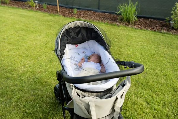 Stock image A Caucasian newborn baby sleeps in a baby stroller standing on the lawn in the garden.