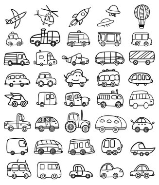 Land and air vehicles doodles as if drawn by a child. A set of 41 various pieces. Generative AI