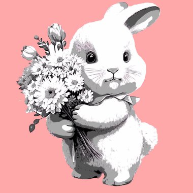 Cute bunny holding a bouquet of flowers. Vector. Generative AI