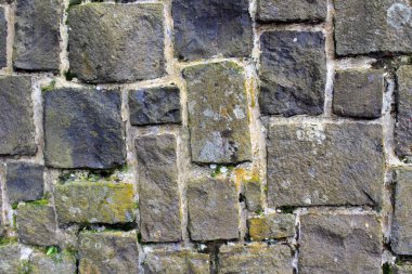 Stone wall with moss of Sendangsono shrine in Java. Taken in July 2022