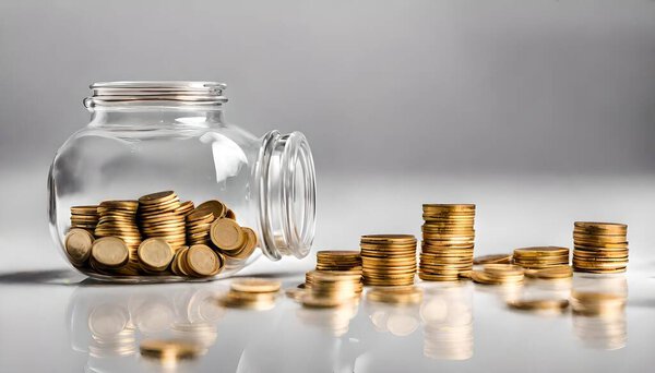 Опыт символизма накопления богатства с рукой деликатно помещая золотые монеты в прозрачную бутылку на нетронутом белом фоне. Примите концепцию роста инвестиций в бизнес с этим захватывающим имиджем