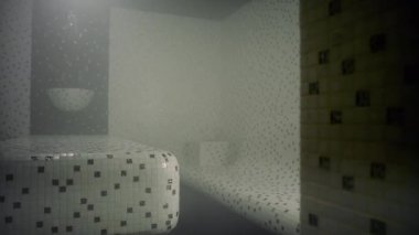 Modern döşemeli loş bir hamam var. Fayanslar beyaz ve yeşil. Boyutları küçük. Türk saunası boş, odada buhar var..