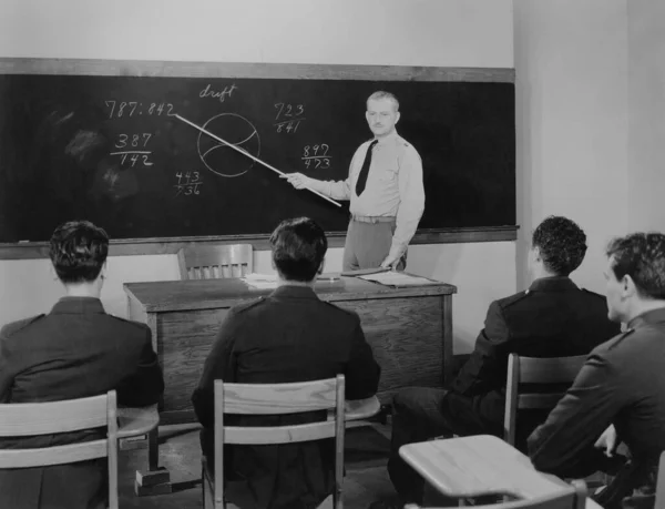 军官在课堂上教授空军时 指出黑板上的等式 免版税图库图片