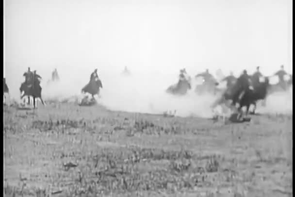 Men Horseback Galloping Prairie — Stock Video