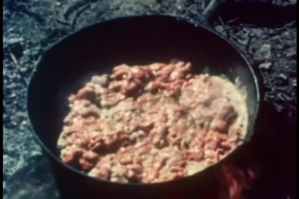 Close Meat Cook Pan Campfire — Stok Video