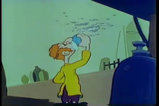 Карикатура Человека Пьющего Пенную Жидкость Затем Взрывающегося — стоковое видео