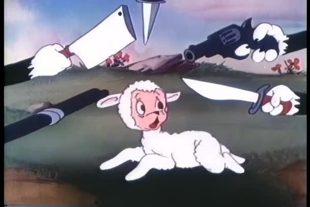 卡通的武器指着羔羊的头 — 图库视频影像
