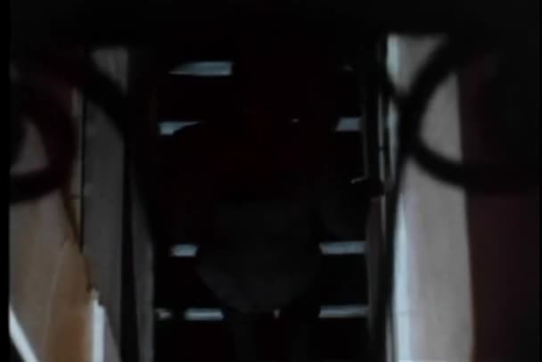 アパートの建物内の階段を急いで男の背面図 — ストック動画