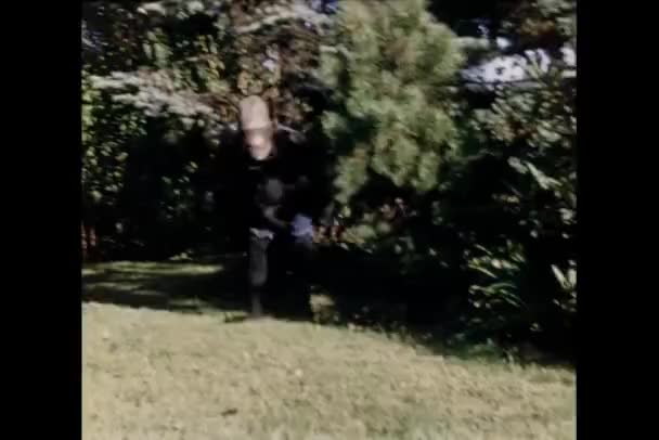 茂みから出てくるゴリラのスーツに身を包んだ人 — ストック動画