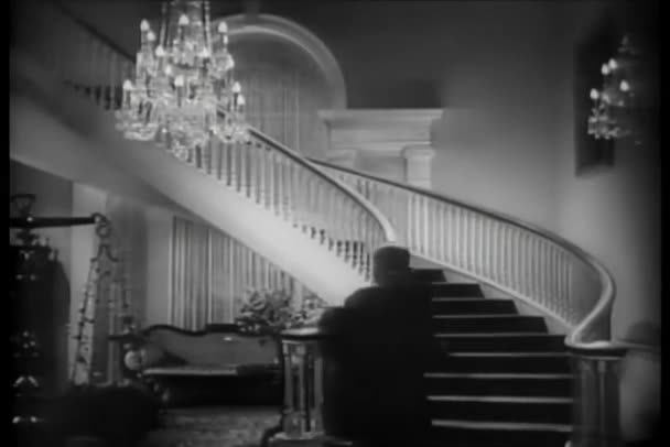 Rückansicht Einer Frau Abendkleid Die Die Große Treppe Hinaufgeht — Stockvideo