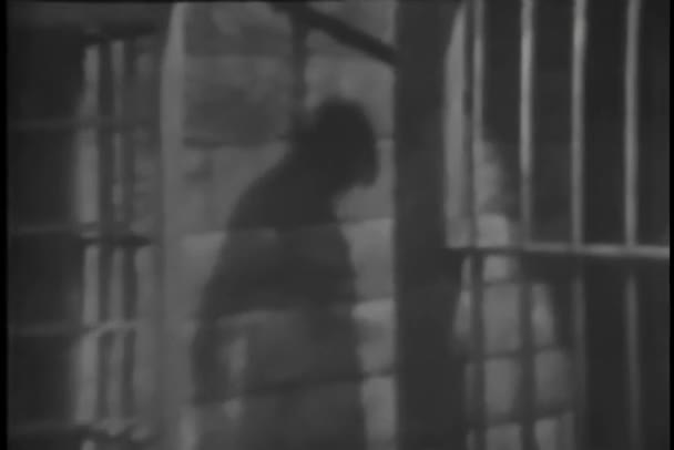 刑務所の壁に絞首刑に男の影 — ストック動画