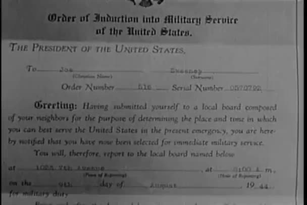 Close 1944 Notice Induction Military Service — Stock Video