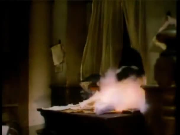 狗倒在桌上的油灯上 点燃了篝火 — 图库视频影像