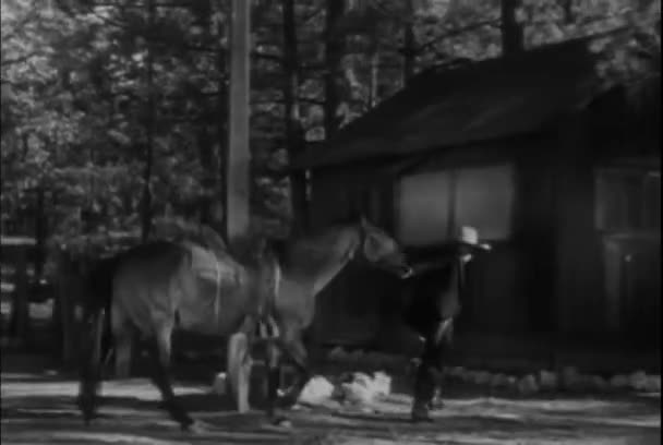 Uomo Che Conduce Suo Cavallo Verso Baita Nel Bosco 1930 — Video Stock