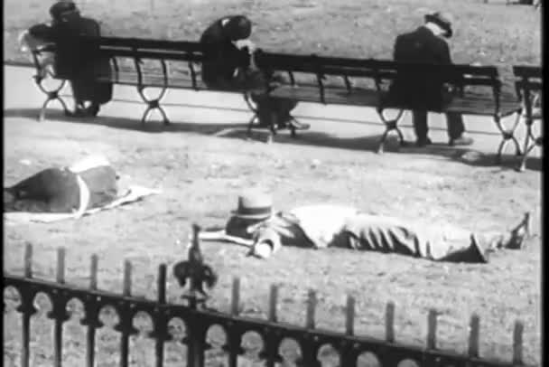 Muži Spí Lavičce Parku Trávě — Stock video