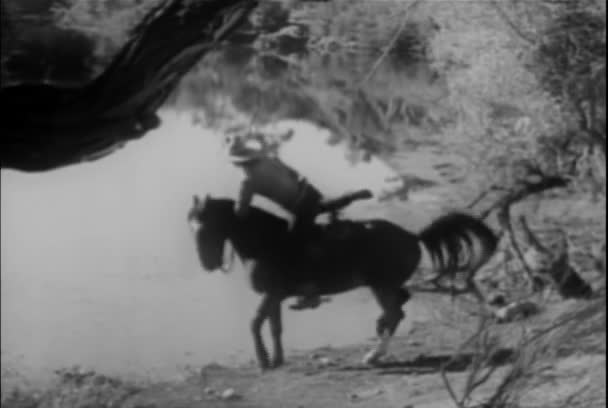 Koboi Turun Dari Kuda Tepi Sungai Untuk Mendapatkan Air 1930 — Stok Video
