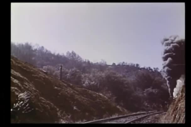 Locomotiva Viajando Através Montanhas Fundo Natureza — Vídeo de Stock