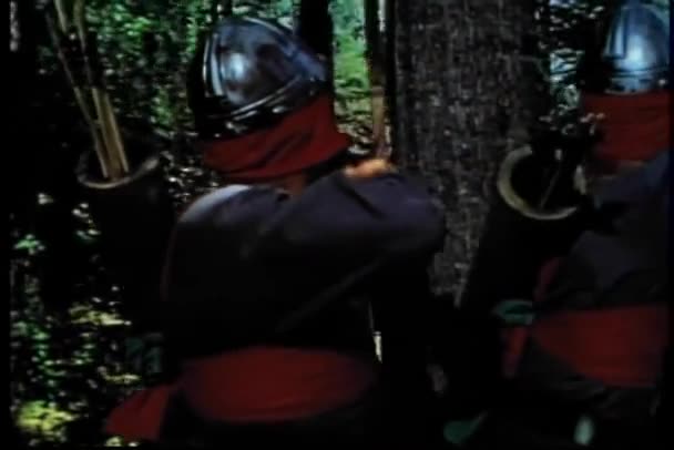 Panorámica Vista Trasera Soldados Medievales Esperando Bosque — Vídeos de Stock