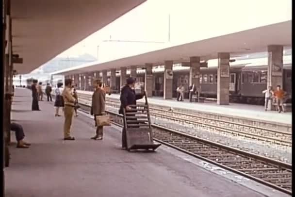 Wide Shot People Waiting Train Platform — Stock Video