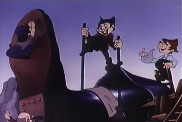 Cartoon Van Vier Mannen Schijnt Een Gigantische Boot Jaren 1930 — Stockvideo
