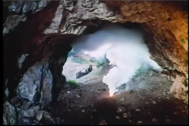Men Setting Dynamite Cave Background — Stock Video