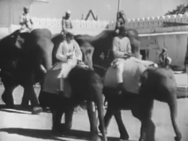 Grupp Indiska Män Rider Genom Byn Elefanter 1940 Talet — Stockvideo