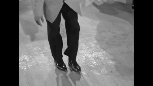 Front View Man Tap Dancing Wooden Floor 1950 — стоковое видео