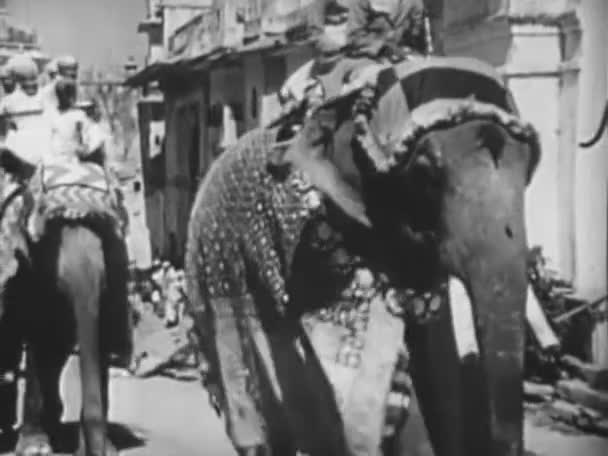 1940年代 男人骑着装饰过的大象穿过村庄 — 图库视频影像