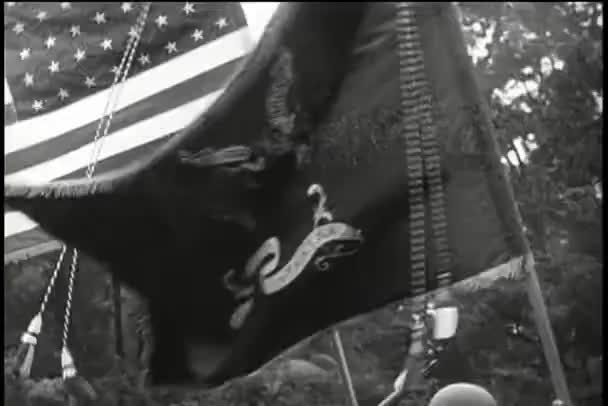 Κινηματογράφηση Πρώτο Πλάνο Στρατιωτική Σημαία Που Πνέει Κατά Μήκος Πλευρά — Αρχείο Βίντεο