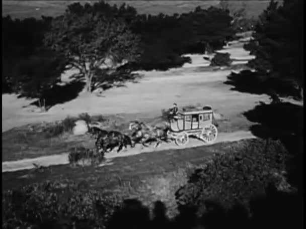 Wide Angle View Coachman Driving Stagecoach Country Road 1940S Royalty Free Stock Footage