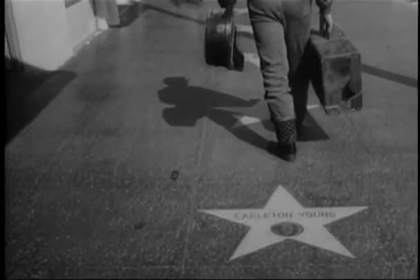Achteraanzicht Van Muzikant Lopen Hollywood Walk Fame Jaren 1960 — Stockvideo