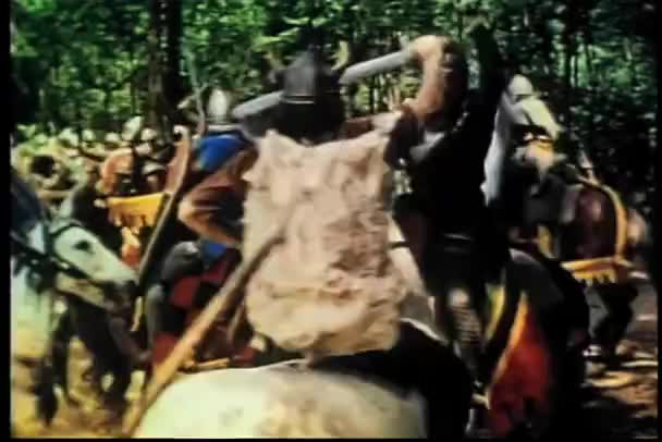 Caballeros Bandidos Espada Luchando Caballo — Vídeos de Stock