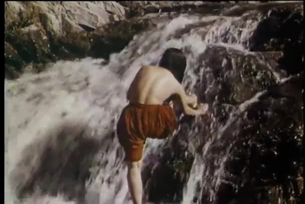 Rear View Topless Native American Woman Bathing Stream — Stock Video