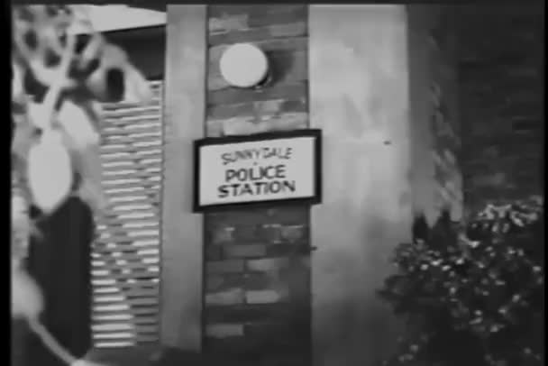 Szerokie Ujęcie Tabliczki Posterunku Policji Ceglanej Ścianie — Wideo stockowe
