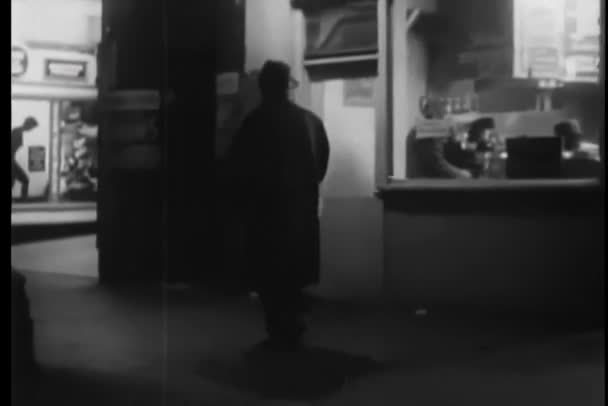 Man Long Coat Walking City Night — Stock Video