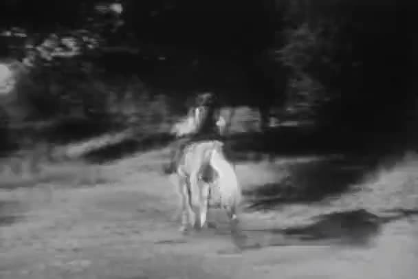 Bakifrån Kvinna Häst Galopperar Landsbygden 1940 Talet — Stockvideo