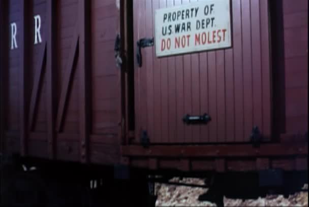 Wooden Box Containing Rifles Shoved Freight Train 1960S — Stock Video