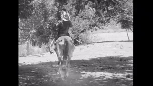 Rückansicht Eines Mannes Auf Pferd Der Nach Schüssen Boden Fällt — Stockvideo