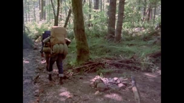 Вид Сзади Двух Мужчин Рюкзаками Походы Лес 1970 — стоковое видео