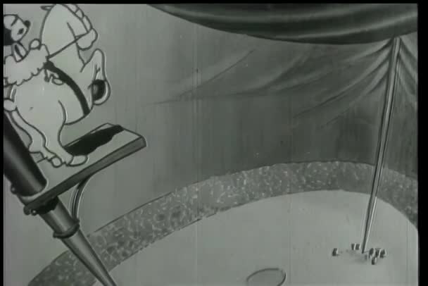 サーカスのテントの上に板を離れてダイビング馬にマウスの漫画 — ストック動画