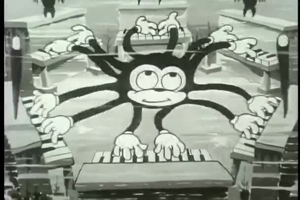 Cartoon Ambidextrous Octopus Playing Six Pianos — Stock Video